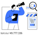 Man with a tablet looking through a magnifying glass at shopping elements phone ordered items, rating stars hand giving thumbs up Ideal for e-commerce marketing customer reviews online shopping. Online Shopping Research Vector Art Featuring Cart and Rating Concept. Стоковая иллюстрация, агентство Ingram Publishing / Фотобанк Лори
