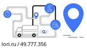 Delivery truck navigating using GPS on mobile device, with icons for routes, stopwatch, factory, warehouse, and a big location pin. Ideal for logistics, transportation, navigation, tracking. Routing Efficiency for Logistics via Mobile Device with GPS Map and Delivery Truck Visualization. Стоковая иллюстрация, агентство Ingram Publishing / Фотобанк Лори