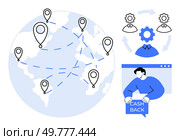Map with location markers, cogwheels indicating teamwork, person receiving cashback demonstrated. Ideal for concepts of globalization, finance, digital marketing, customer service, e-commerce. Global Financial Network and Customer Relationship Management. Стоковая иллюстрация, агентство Ingram Publishing / Фотобанк Лори
