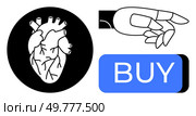Robotic hand pointing towards a biological heart and blue BUY button. Ideal for technology, healthcare, consumerism, artificial intelligence, decision-making, e-commerce, ethical dilemmas. Line. Robotic Hand Pointing at Biological Heart with Prominent Buy Button Highlighting Choices. Стоковая иллюстрация, агентство Ingram Publishing / Фотобанк Лори