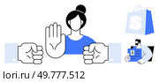 Woman raising hand to signal stop, two fists, blue shopping bag, and a man with an identification card. Ideal for conflict resolution, workplace guidelines, retail environment, caution, employee. Woman with Raised Hand Stopping, Two Fists, Shopping Bags, and Employee Identification. Стоковая иллюстрация, агентство Ingram Publishing / Фотобанк Лори