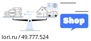 A balance scale shows tokens on one side and a house, car, and globe on the other, with a Shop speech bubble. Ideal for digital currency, e-commerce, online shopping, tokenization, and transactions. Balancing Tokens and Real-World Assets in Online Shopping. Стоковая иллюстрация, агентство Ingram Publishing / Фотобанк Лори