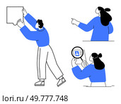 Three characters engage in various activities including pointing, inspecting with a magnifying glass, and reaching up. Ideal for teamwork, presentation, analysis, inspection, and collaboration. Business Concept with Workers in Different Actions and Gestures. Стоковая иллюстрация, агентство Ingram Publishing / Фотобанк Лори