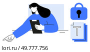 Woman pointing while holding a clipboard, with lock icon and text document nearby. Ideal for presentations, document review, confidentiality, office tasks, and information security. Minimalist vector. Person Discussing Point, Document Security, and Text Editing in Minimal Style. Стоковая иллюстрация, агентство Ingram Publishing / Фотобанк Лори