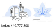 A fish, milk carton, cheese, egg, and wheat plants are arranged in a neat composition next to a stylized blue flower. Ideal for nutrition healthy diet balanced eating health food lifestyle design. Healthy Food Choices with Fish, Dairy, Wheat and Nutritional Elements Highlighted by Blue Flower Design. Стоковая иллюстрация, агентство Ingram Publishing / Фотобанк Лори