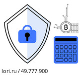 A lock on a shield symbolizing security, a Bitcoin logo representing cryptocurrency, and a calculator for financial management. Ideal for cybersecurity, blockchain tech, fintech, crypto-trading. Digital Security with Cryptographic Shield, Bitcoin Concept, and Fintech Calculator. Стоковая иллюстрация, агентство Ingram Publishing / Фотобанк Лори