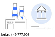 Factory alongside a classical government building icon within a blue circle Ideal for, themes of industry government regulation economy infrastructure corporate governance and public policies. Industrial Building and Government Institution Depiction with Blue Highlights. Стоковая иллюстрация, агентство Ingram Publishing / Фотобанк Лори