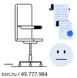 Office chair on wheels and a document with a checklist and checkmark. A neutral human face is also visible. Ideal for office setups, productivity apps, workplace guidelines, minimalist designs. Modern Office Chair with Document and Neutral Face Illustration in Minimalistic Style. Стоковая иллюстрация, агентство Ingram Publishing / Фотобанк Лори