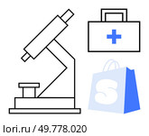 Simplified drawings of a microscope, a medical kit with a cross, and a blue shopping bag. Ideal for medical research, healthcare, science, shopping, online commerce. Line art style, clean, minimal. Microscopy, Medical Kit, and Shopping Bag. Стоковая иллюстрация, агентство Ingram Publishing / Фотобанк Лори