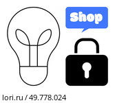 A lightbulb represents ideas, a padlock symbolizes security, and a speech bubble with Shop text indicates e-commerce. Ideal for online shopping, web security, e-commerce, innovation. Concept of Shopping Security with Lightbulb, Padlock, and Shop Text in Blue Speech Bubble. Стоковая иллюстрация, агентство Ingram Publishing / Фотобанк Лори