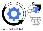 Gear with arrows, person holding a graph, and shopping cart. Ideal for business processes, data analysis, e-commerce, workflow automation, and performance tracking. Minimalist vector style. Data Analysis and E-commerce Progress Symbolized by Gear Cycle, Graph Chart, and Shopping Cart. Стоковая иллюстрация, агентство Ingram Publishing / Фотобанк Лори