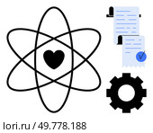 Heart inside atomic structure, symbolizing love tied with scientific values. Gears and documents included for machinery and documentation themes. Ideal for science, technology, love, machinery. Science and Technology Love with Documentation and Machinery Elements. Стоковая иллюстрация, агентство Ingram Publishing / Фотобанк Лори