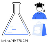 A simple vector style image of an Erlenmeyer flask with blue liquid, a graduate student icon in blue gown and cap, and a blue shopping bag with an S. Ideal for education, science, graduation. Scientific Erlenmeyer Flask, Graduate Cap, and Shopping Bag. Стоковая иллюстрация, агентство Ingram Publishing / Фотобанк Лори