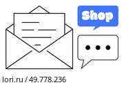 Envelope with letter, blue speech bubble with Shop text and blank speech bubble with ellipsis. Ideal for online business, email marketing, communication, shopping, user interface. Minimalist modern. Email Communication and Online Shopping Message Symbols in Modern Style. Стоковая иллюстрация, агентство Ingram Publishing / Фотобанк Лори