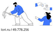 Person wielding a pickaxe in an action stance. Hand holding a coin with a dollar sign above another coin marked currency. Person pointing towards the scene. Ideal for mining, cryptocurrency, finance. Person Mining with Pickaxe, Hand Holding Coin, Person Pointing. Стоковая иллюстрация, агентство Ingram Publishing / Фотобанк Лори