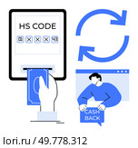 Depicts hand with banknote, HS code on screen, cash back concept, recurring arrows. Ideal for finance, trade, e-commerce, payment processing, refund policies. Clean and modern style. Simplified Concepts of HS Code, Cash Back, and Recurring Payment Illustrated in Blue and White. Стоковая иллюстрация, агентство Ingram Publishing / Фотобанк Лори