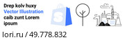 Simple eCommerce icon with shopping bag vector next to environmental illustration highlighting pollution with factory and barren tree. Ideal for themes of online shopping, environment, industry. Environmentally Conscious eCommerce and Industrial Awareness Concept. Стоковая иллюстрация, агентство Ingram Publishing / Фотобанк Лори