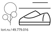 Minimal sneaker outline with surrounding lines and abstract tree design highlighting fitness connection. Ideal for sports, health, exercise, walking, active lifestyle, running, outdoor activities. Minimalist Running Shoe with Lines and Trees Highlighting Outdoor Fitness and Nature. Стоковая иллюстрация, агентство Ingram Publishing / Фотобанк Лори