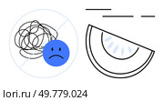 Blue sad face icon with tangled lines, contrasted by calm black-line watermelon slice. Ideal for mental health, stress relief, emotion management, wellness guides, educational materials, social. Contrasting Sad and Calm Emotions with Scribbles and Watermelon Slice. Стоковая иллюстрация, агентство Ingram Publishing / Фотобанк Лори