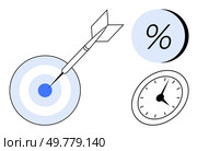 Target with dart hitting center, large percentage sign, and an analog clock in blue and black colors. Ideal for business strategy, goal setting, financial planning, time management, performance. Business success symbolized by target and dart, percentage sign, and clock. Стоковая иллюстрация, агентство Ingram Publishing / Фотобанк Лори