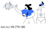 Woman rejecting dairy and fish allergens, working on a laptop, and gut health icon. Ideal for health awareness, allergy information, wellness tips, dietary advice, modern lifestyle, health education. Woman Avoiding Allergens, Healthy Diet, and Gut Symbol with Modern Lifestyle Elements. Стоковая иллюстрация, агентство Ingram Publishing / Фотобанк Лори