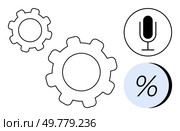 Large and small gears alongside microphone and percentage sign icons. Ideal for technology, automation, communication, efficiency, business, data analysis, and marketing themes. Line metaphor. Gears and Microphone Symbols Representing Technology, Communication, and Efficiency. Стоковая иллюстрация, агентство Ingram Publishing / Фотобанк Лори
