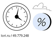 Analog clock face with black hands and ticks, blue circle with a black percentage sign, outlined cloud. Ideal for time management, business analytics, financial reports, weather forecasts. Analog clock face and blue percentage sign beneath simple cloud outline, black and white theme. Стоковая иллюстрация, агентство Ingram Publishing / Фотобанк Лори