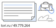 Document with horizontal lines, an adjacent briefcase with a strap, and an abstract plant element. Ideal for business, documentation, organization, office work, travel, planning, minimalism. Line. Document with Lines Next to Briefcase and Abstract Plant Element in Minimalist Style. Стоковая иллюстрация, агентство Ingram Publishing / Фотобанк Лори