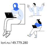 Three diverse characters one typing on a laptop, another gesturing energetically, and a third person sitting with a laptop. Ideal for teamwork, collaboration, remote work, diversity, brainstorming. Team collaboration with diverse members using laptops, discussing ideas, and working together. Стоковая иллюстрация, агентство Ingram Publishing / Фотобанк Лори