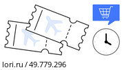 Two airplane tickets, a clock showing time, and a speech bubble with a shopping cart icon. Ideal for travel booking, online shopping, time management, travel agencies, flight reservations, vacation. Booking Airplane Tickets Online E-commerce for Quick and Efficient Travel Planning. Стоковая иллюстрация, агентство Ingram Publishing / Фотобанк Лори