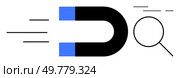 Black magnet with blue ends attracting a magnifying glass, symbolizing search optimization and marketing. Ideal for SEO strategies, online marketing, search engine trends, digital recruitment, user. Magnet attracting search icon representing online marketing, SEO, and recruitment strategies. Стоковая иллюстрация, агентство Ingram Publishing / Фотобанк Лори