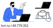 Business professional in blue jacket and tie works on laptop while pointing ahead. Additional laptop and briefcase also featured. Ideal for business strategy, office dynamics, productivity concepts. Business professional engaged with laptop, indicating direction with finger, briefcase and second laptop visible. Стоковая иллюстрация, агентство Ingram Publishing / Фотобанк Лори