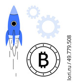Rocket launching, Bitcoin symbol, gears indicating growth and innovation. Ideal for cryptocurrency, blockchain technology, digital economy, financial services, tech startups, investment, and futurism. Rocket Launching with Bitcoin Symbol and Gears Representing Cryptocurrency Growth and Innovation. Стоковая иллюстрация, агентство Ingram Publishing / Фотобанк Лори