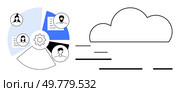 Cloud icon and connected user profiles around a circular chart with gear symbol. Ideal for team management, remote work, cloud computing, data sharing, IT infrastructure, group projects, digital. Cloud-based Team Collaboration Concept with Networked Users and Data Sharing. Стоковая иллюстрация, агентство Ingram Publishing / Фотобанк Лори