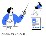 Job recruiter pointing at candidates resume with rating stars, while another candidate works on a laptop. Ideal for hiring processes, recruitment, HR analytics, job interviews, online job. Job recruiter reviewing candidate resumes and conducting online interviews for rating and selection. Стоковая иллюстрация, агентство Ingram Publishing / Фотобанк Лори