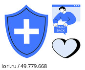Large blue shield with a white cross, a person offering cashback through a website window, and a heart icon. Ideal for healthcare, insurance, financial incentives, online services, customer support. Healthcare Benefits with Cashback Secure, Supportive, and Rewarding Concept. Стоковая иллюстрация, агентство Ingram Publishing / Фотобанк Лори