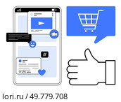 Smartphone screen displaying social media activity with likes, comments, and metadata tags. Blue shopping cart, like button, chat bubble, thumbs-up icon, and video player. Ideal for marketing, social. Social Media Engagement and E-commerce Interaction on Smartphone with Like and Shopping Icons. Стоковая иллюстрация, агентство Ingram Publishing / Фотобанк Лори