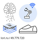 Brain with circuits, robotic arm with wireless, microchip with layers, and smart shoe. Ideal for AI innovations, robotics, IoT applications, microchip development, smart wearables, tech advancements. Artificial Intelligence, Robotics, and Smart Technology Concepts with Brain, Robotic Arm, Chip, and Smart Shoe. Стоковая иллюстрация, агентство Ingram Publishing / Фотобанк Лори