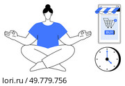 A person sitting cross-legged in a meditative pose, next to a smartphone displaying a shopping cart and a clock. Ideal for wellness, mindfulness, online shopping, time management, relaxation. Calm Person Meditating with Online Shopping Cart and Clock. Стоковая иллюстрация, агентство Ingram Publishing / Фотобанк Лори