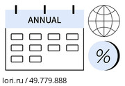 Calendar labeled annual with monthly grids, globe icon, and percentage symbol. Ideal for global events, financial planning, yearly reviews, business strategies, education scheduling, productivity. Annual Calendar with Globe and Percentage Icons for Global Scheduling and Planning. Стоковая иллюстрация, агентство Ingram Publishing / Фотобанк Лори