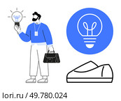 Business professional holding light bulb, carrying briefcase, enlarged light bulb icon in blue circle and casual shoes. Ideal for innovation, startups, business ideas, creativity, professional. Business professional holding light bulb with glowing idea, wearing casual shoes and carrying briefcase. Стоковая иллюстрация, агентство Ingram Publishing / Фотобанк Лори