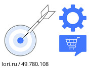 Target with dart hitting the center, blue cogwheel, and speech bubble with shopping cart. Ideal for business strategy, goal setting, efficiency, e-commerce, marketing, digital sales, logistics. Line. Target with dart, cogwheel, and shopping cart speech bubble symbolizing precision, efficiency, and e-commerce. Стоковая иллюстрация, агентство Ingram Publishing / Фотобанк Лори