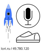 Rocket launching, microphone enclosed in a circle, and casual shoes. Ideal for technology, communication, innovation, startups, lifestyle, creativity, and performance themes. Line metaphor. Rocket Launch, Microphone in Circle, and Casual Shoes Representing Creativity and Innovation. Стоковая иллюстрация, агентство Ingram Publishing / Фотобанк Лори