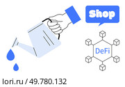 Hand pouring water on a paper bill with water droplets, next to a decentralized finance network and a digital shop in blue speech bubble. Ideal for themes like digital money, finance, investments. Hand Watering Money with DeFi Network and Digital Shop. Стоковая иллюстрация, агентство Ingram Publishing / Фотобанк Лори