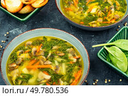 Fresh homemade of spinach soup with mushrooms in bowl. Vegetable soup.. Vegetarian soup with croutons. Стоковое фото, агентство Ingram Publishing / Фотобанк Лори