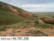 Fancy stones on the slopes of the highest point of the Caspian lowland - Bolshoe Bogdo Mountains on a summer day, Bogdinsko-Baskunchak Nature Reserve, Akhtubinsky district, Astrakhan region, Russia. Стоковое фото, фотограф Ula Ulachka / Фотобанк Лори