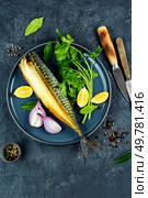 Whole tasty smoked mackerel with greens on a concrete kitchen table. Appetizer, seafood.. Smoked mackerel, scomber fish. Стоковое фото, агентство Ingram Publishing / Фотобанк Лори