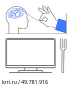 Hand unraveling tangled thoughts in human head, large monitor screen, and fork representing structured thinking. Ideal for mental clarity, problem-solving, therapy, meditation, focus, education. Simplifying Mental Thoughts Concept with Hand Unraveling Mind and Computer Screen Display. Стоковая иллюстрация, агентство Ingram Publishing / Фотобанк Лори