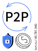 P2P text with circular arrows, blue shield with lock, and coin with dollar sign. Ideal for secure transactions, peer-to-peer networks, digital finance, fintech, cryptocurrency, online security. Secure Peer-to-Peer Transaction Concept with P2P, Money Coin, and Shield Lock. Стоковая иллюстрация, агентство Ingram Publishing / Фотобанк Лори