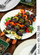 Deer or Roe Meat and Vegetable Kabobs on the BBQ. Venison kebabs with roasted vegetables.. Grilled rosemary deer skewers with vegetables. Стоковое фото, агентство Ingram Publishing / Фотобанк Лори